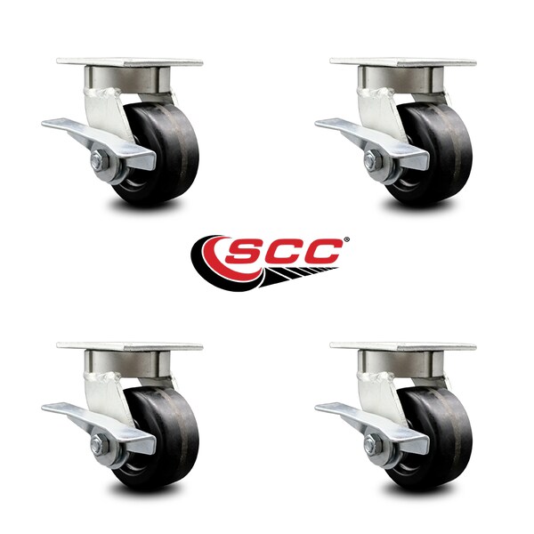 4 Inch Kingpinless Phenolic Wheel Swivel Caster Set with Brakes